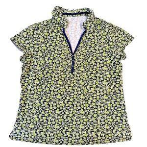 Cottagecore Blouse Womens 1X Green Navy Short Sleeve Collared Button Up Colorful